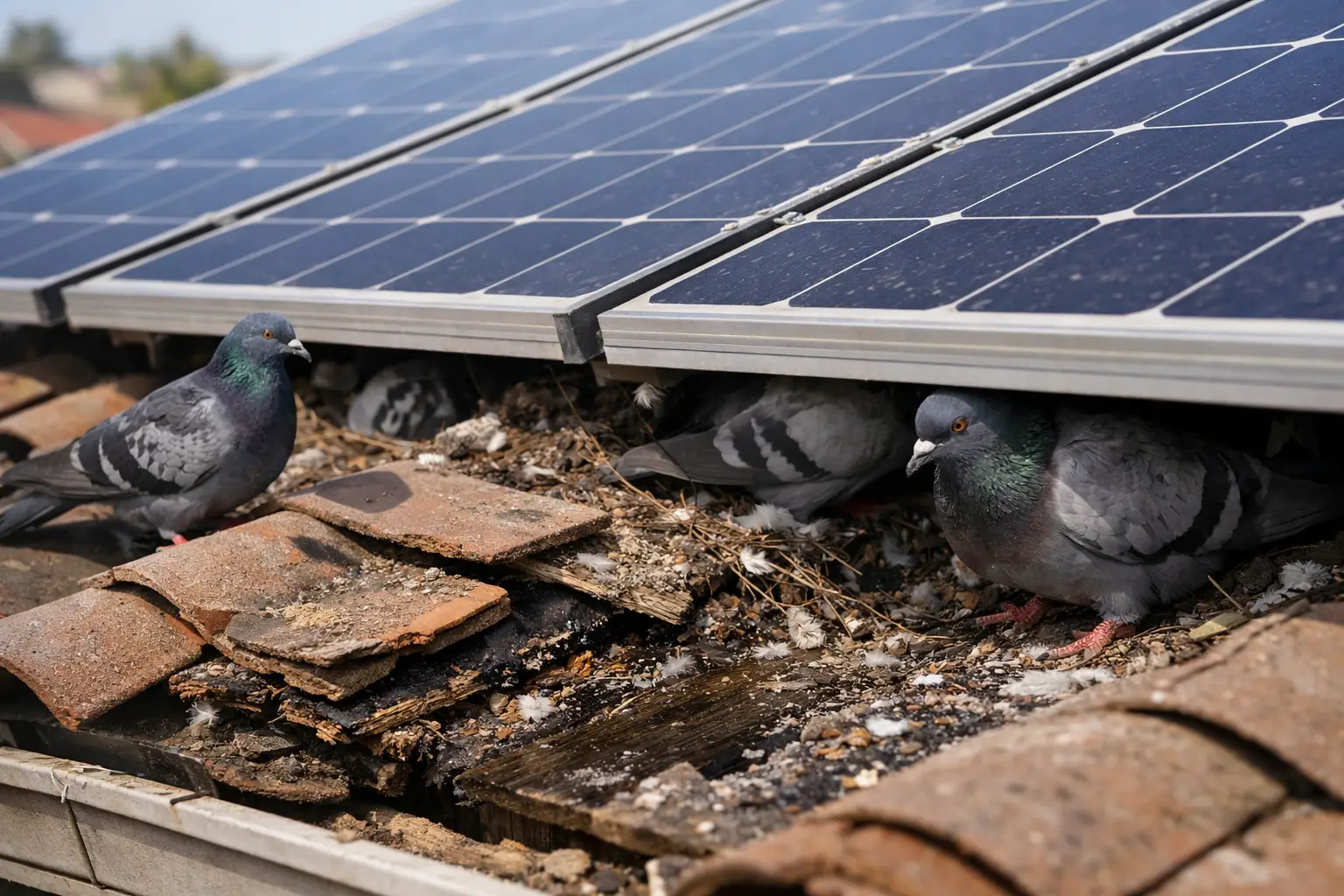 Close-up of bird protection mesh installed on solar panel edge