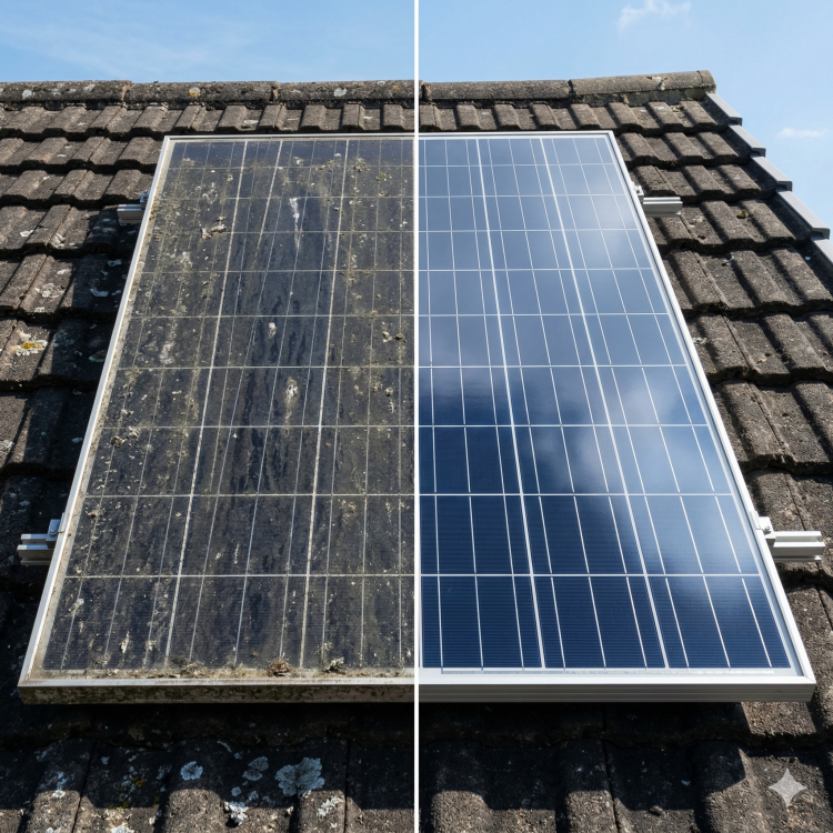 Technician cleaning residential solar panels with purified water