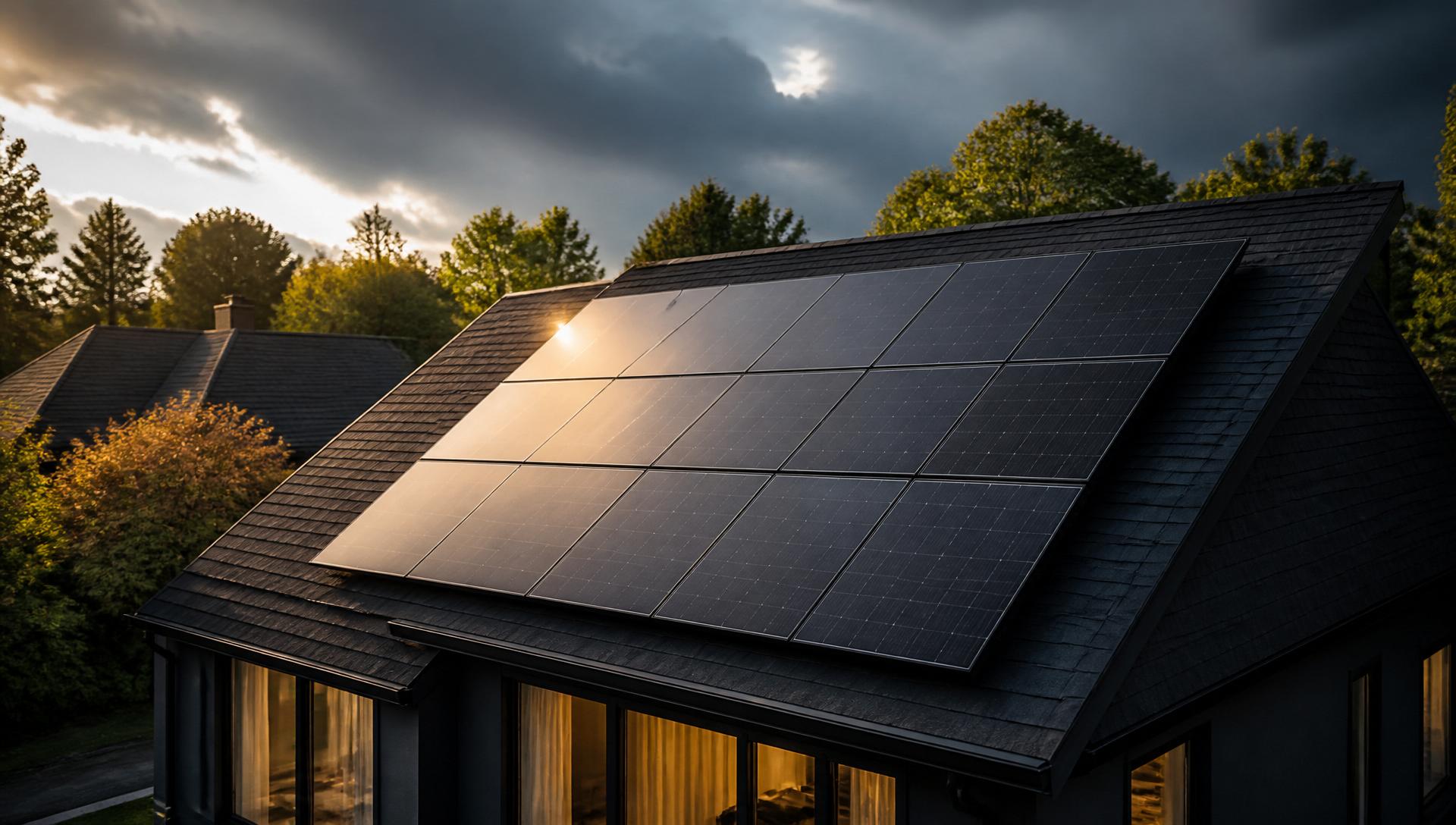 Premium residential solar panels on a modern roof at golden hour